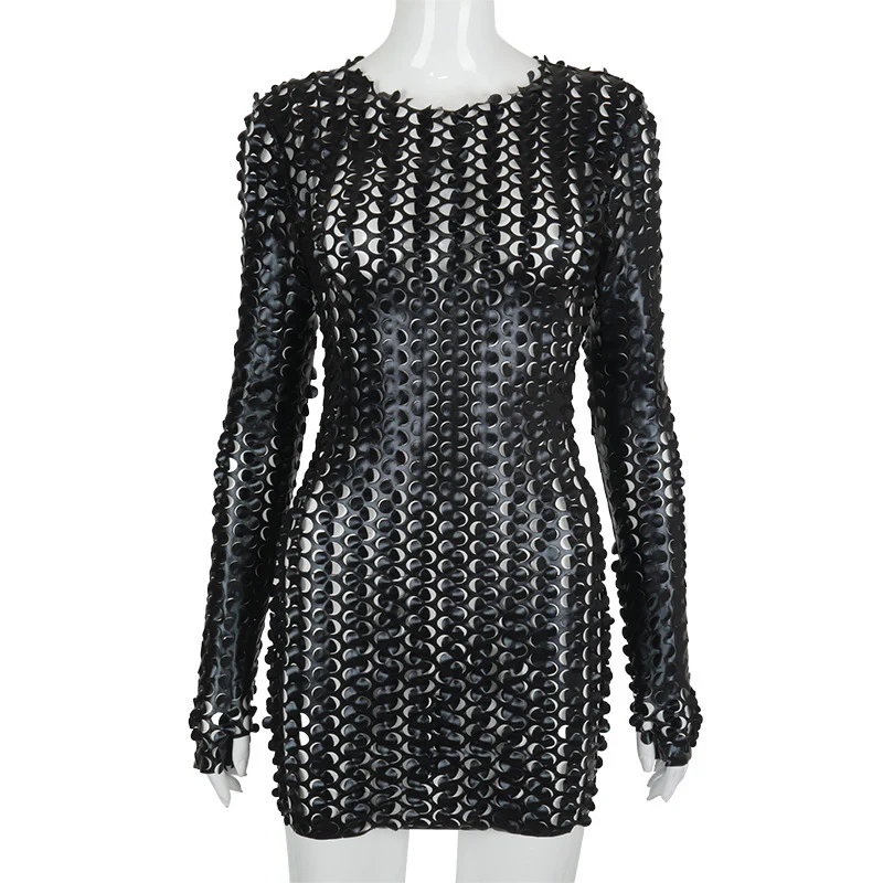 2025 A20675D  women's clothing autumn new solid color sexy hole long sleeve hip wrap super short dress dress - Deanwangkt