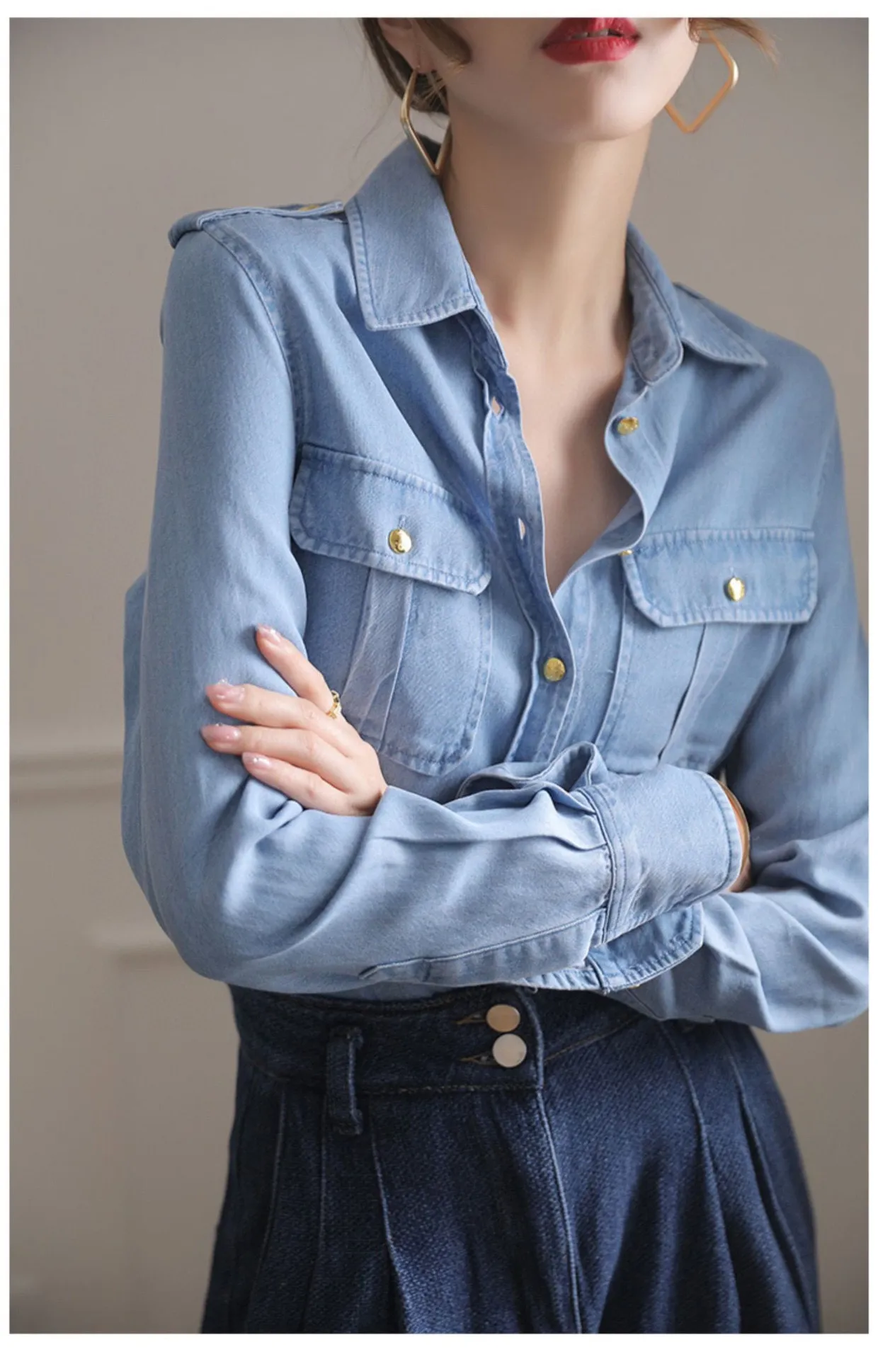 CEL  designer clothes women Women's Shirts polo shirt Spring shirt fashion business sleeve Kashi top-grade logo T-shirt Metal buckle casual shirt birthday gifts - Deanwangkt