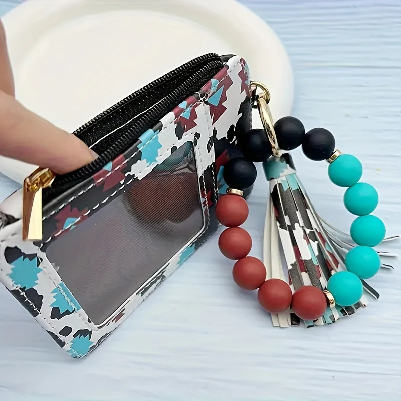 Single Retro Round Silicone Beaded Wristlet Keychain with PU Leather Wallet Card Holder, Ring Buckle, Tassel, and Phone Lanyard - Perfect Couple Keychain for Valentines Day Gift - Plant Theme, Tool, and Bag Charm Included - Deanwangkt