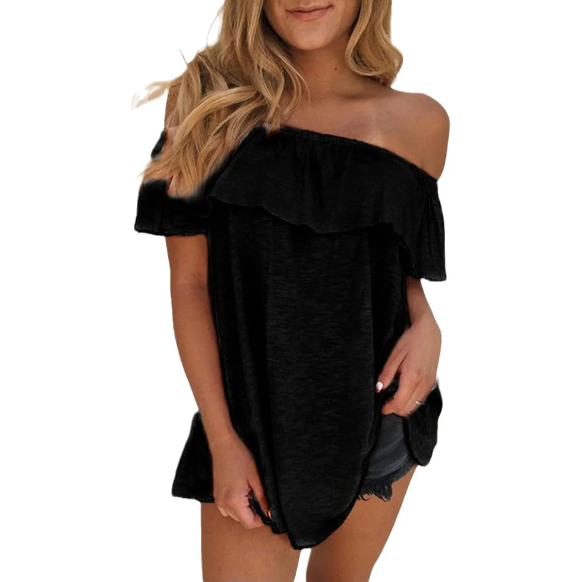 deanwangkt European and American Hot Girl off-Shoulder Top in Stock Women's Bottoming Shirt Summer  Ruffled Short Sleeve Solid Color Loose T-shirt - Deanwangkt