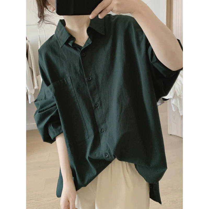 Big pocket shirt women's spring and autumn new loose large size bat-shaped thin simple split fork medium and long cotton top - Deanwangkt