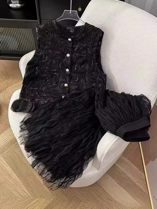 2025 popular spring and summer new super fairy new Chinese heavy industry two-piece set embroidery sequined vest chic mesh skirt women - Deanwangkt