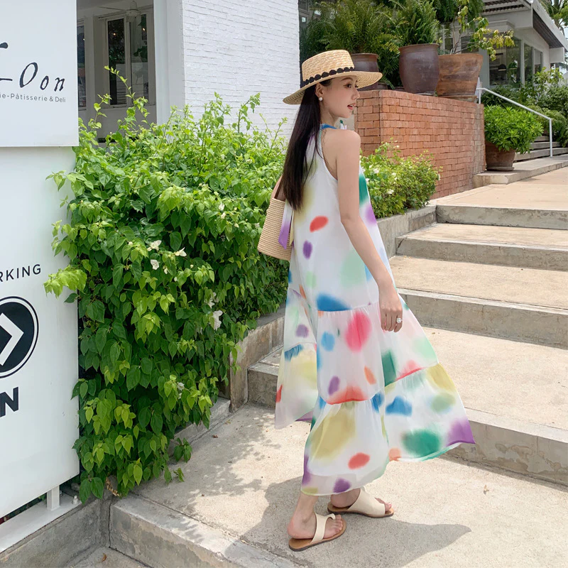 2025 Dopamine color polka dot sleeveless neck dress women's summer new vacation style loose and thin beautiful long dress - Deanwangkt