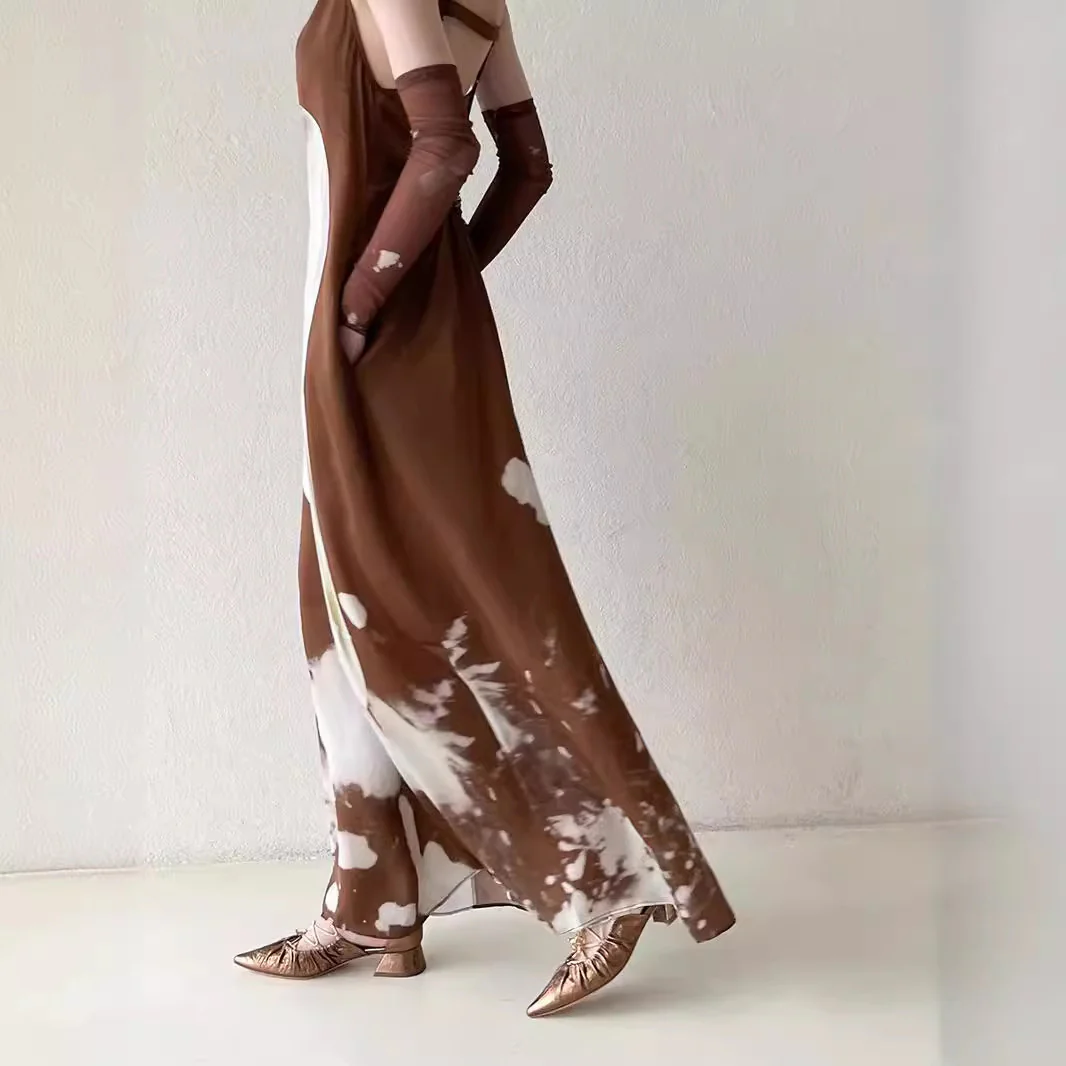 2025 Spot design sense vacation wind drawstring ink painting printing vacation acetate hemp seaside vacation suspender dress - Deanwangkt