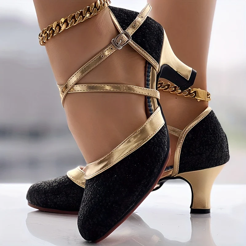deanwangkt  Women's Glitter D'Orsay Latin Dance Shoes, Crisscross Buckle Strap Chunky Mid Heels, All-Match Dress Dance Pumps - Deanwangkt