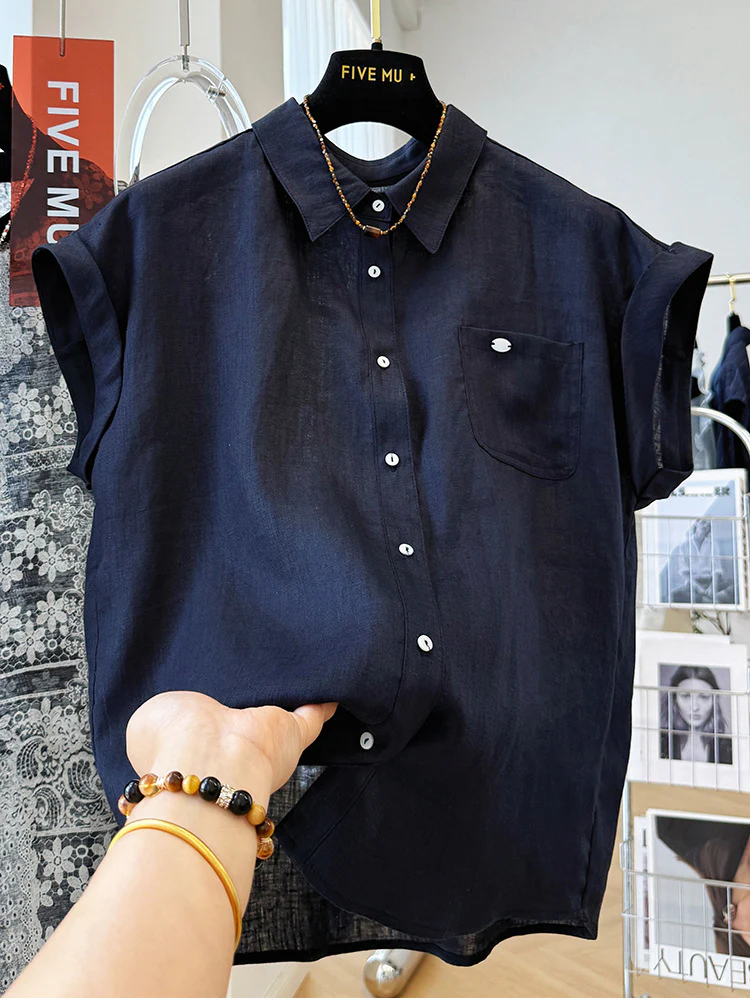 Handmade beads, high-end linen short-sleeved lapel shirt, women's  summer thin fashion temperament shirt - Deanwangkt