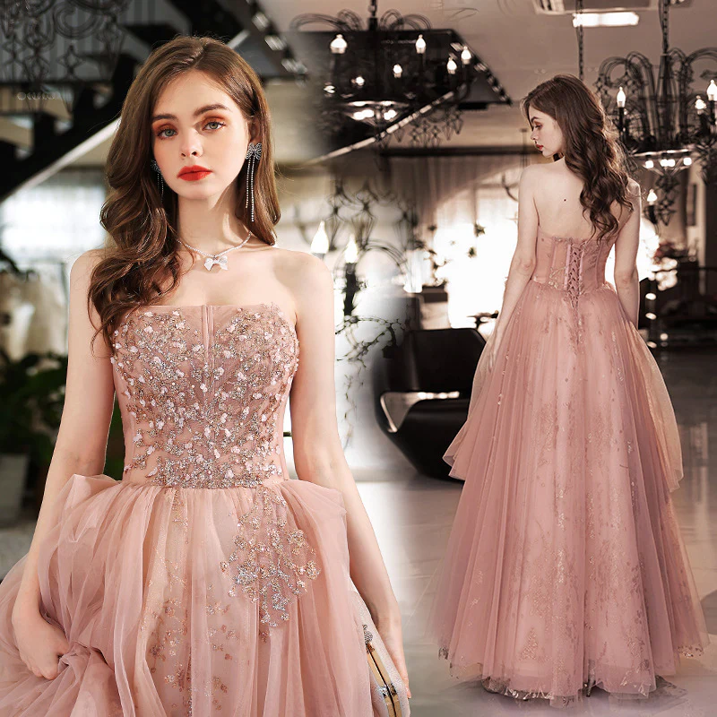 2025 One-word shoulder evening dress 2025 new Popular atmosphere pink performance birthday party host wedding dress female - Deanwangkt