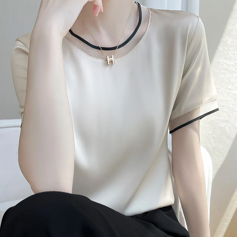 DEANWANGKT  Summer New Silk Satin Mesh Patchwork round Neck Slimming Short-Sleeved T-shirt Top Women's Mulberry Silk All-Matching Women's Wear - Deanwangkt