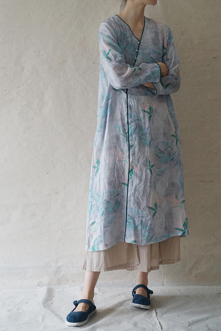 literary and artistic V-neck diagonal ramie printed multi-button dress, retro and fresh design travel robe L2248 - Deanwangkt