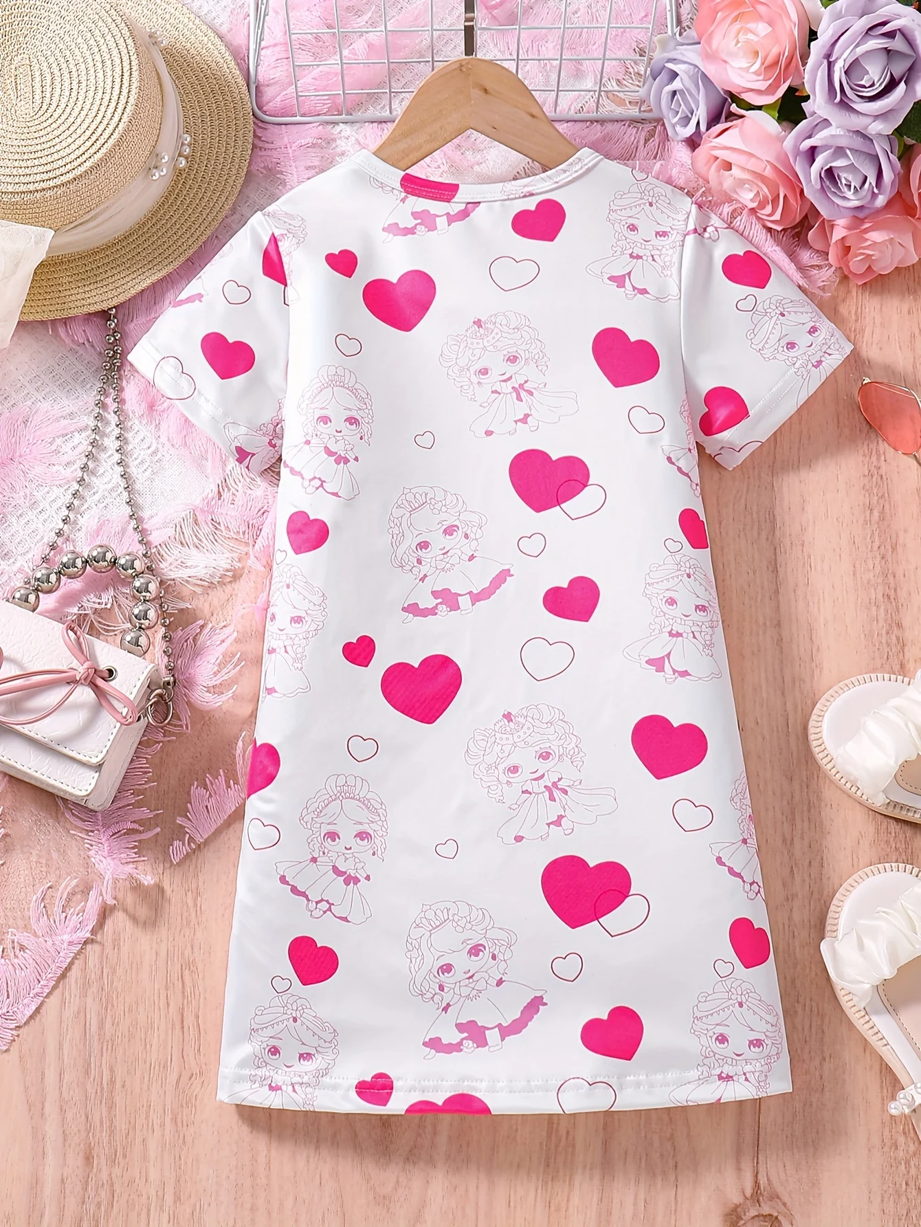 Summer-Ready Princess & Heart Graphic Dress for Girls | Casual Style, Comfort Fit & Easy Care - Deanwangkt