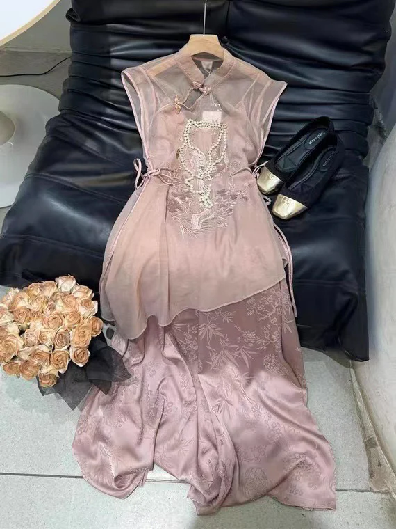 2025 New Chinese style women's clothing high-end exquisite niche design sense pink acetic acid suspender dress set summer clothing - Deanwangkt