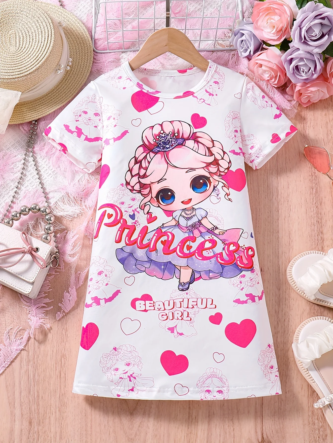 Summer-Ready Princess & Heart Graphic Dress for Girls | Casual Style, Comfort Fit & Easy Care - Deanwangkt