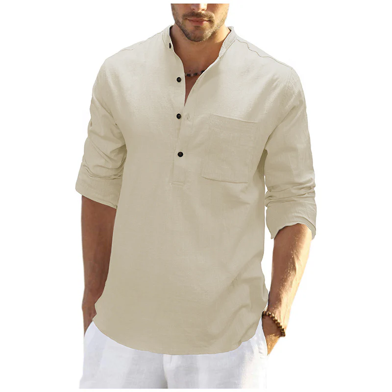 DEANWANGKT 2025 men's clothing  autumn and winter cotton and linen shirts, Popular trade long-sleeved Henry collar tops, loose men's linen shirts - Deanwangkt