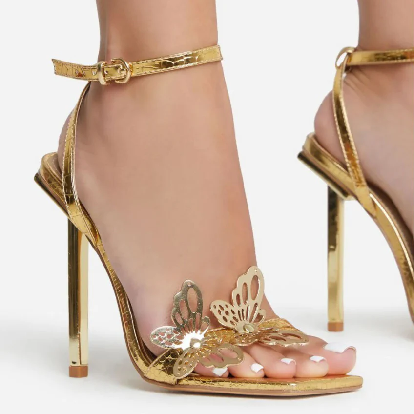 DEANWANGK  Cross-Border 2022 European and American Foreign Trade New Women's Shoes Metal Butterfly Stiletto Heel Strap Square Toe Sandals Cx212-37 - Deanwangkt
