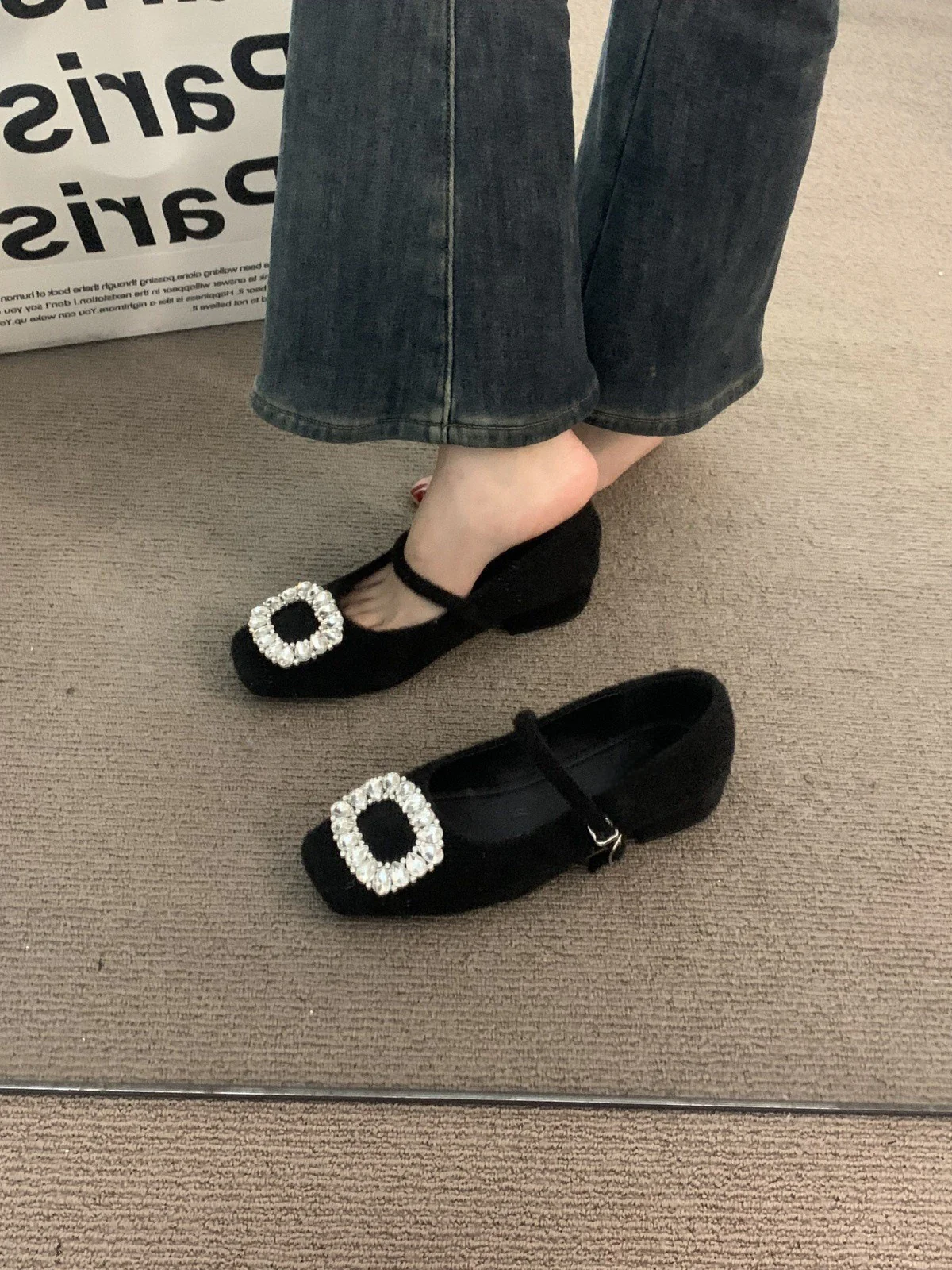 2025  gray thick heel rhinestone single shoes women's shoes 2025 new spring skirt gentle evening grandma shoes - Deanwangkt