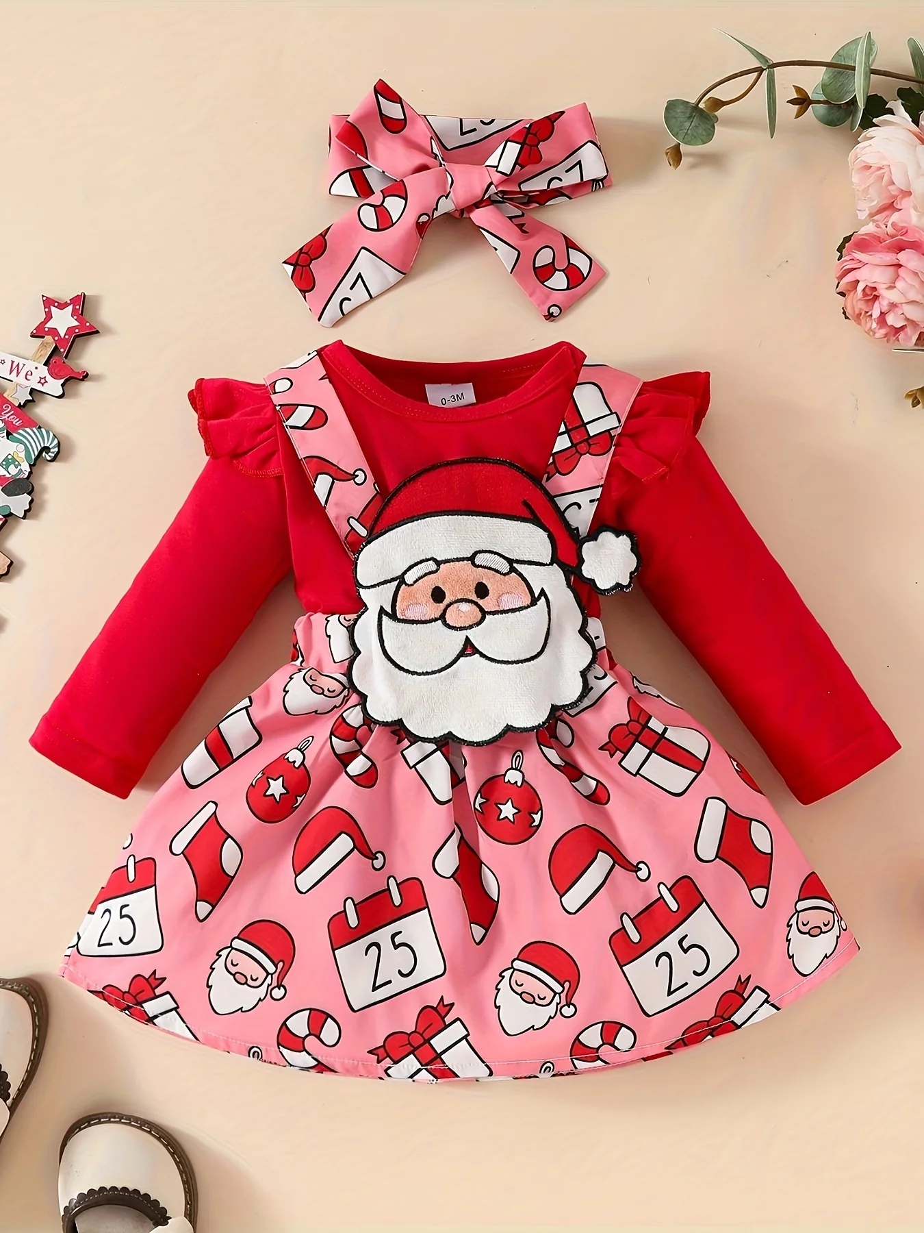 3-Piece Christmas Outfit Set For Baby Girls, 0-1 Year Old, Long Sleeve Romper With Hood, Bib, And Sash, Soft Fabric, Adorable Holiday Dressing, Outdoor Cloth - Deanwangkt