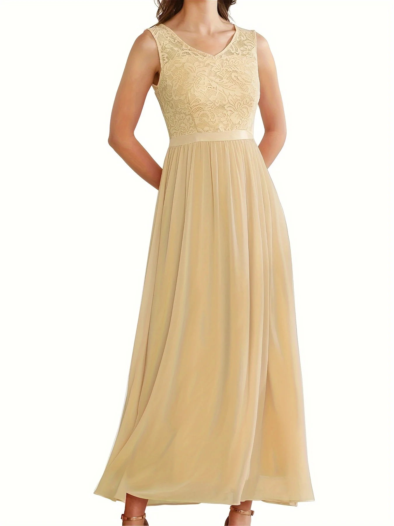 Alluring Solid Lace V-Neck Aline Dress - Timeless Sleeveless Design for Weddings & Special Occasions - Bridesmaids & Formal Events - Womens Clothing - Deanwangkt