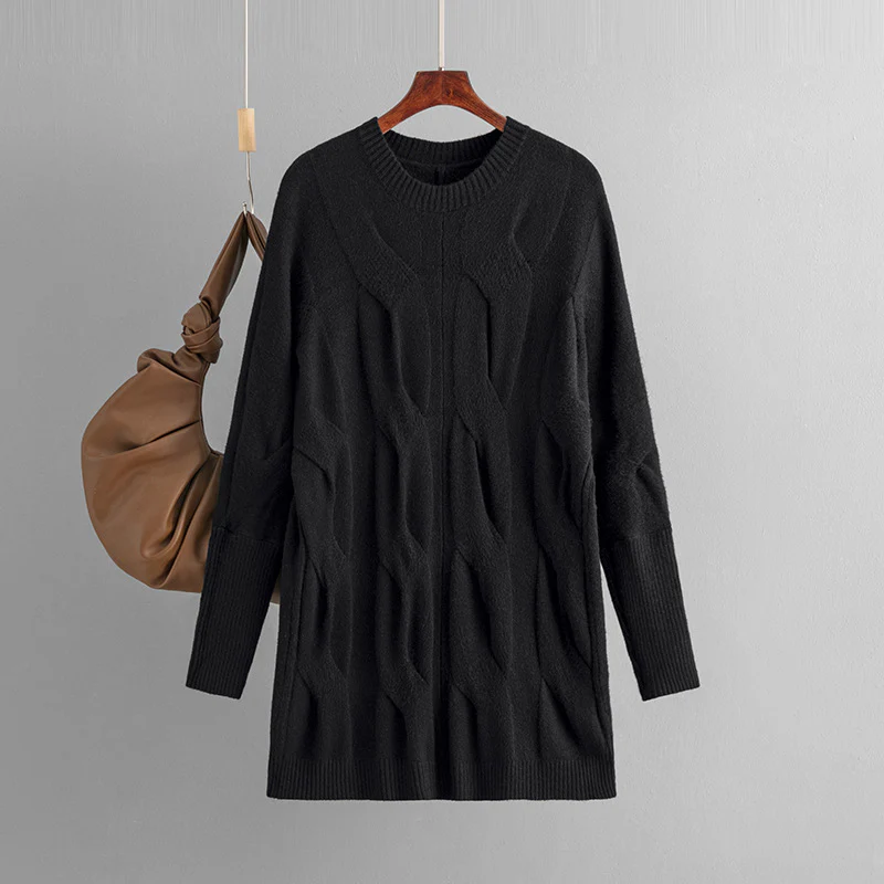DEANWANGKT Pullover knitted sweater  autumn and winter new loose casual versatile crew neck twisted sweater medium and long bottoming shirt - Deanwangkt