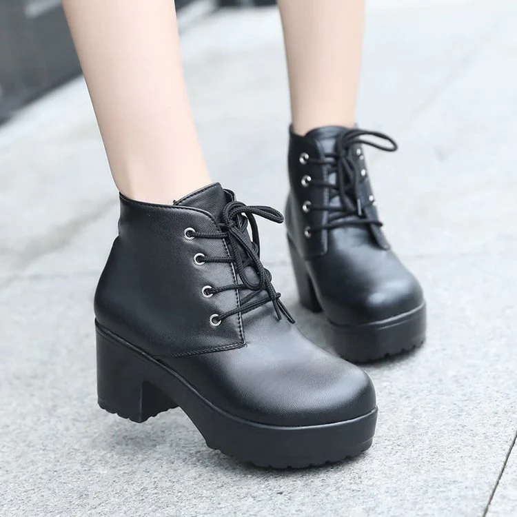 Foreign Trade Platform High Heel Chunky Heel Booties Lace-up Platform Leisure Pumps Korean Style Lightweight Simple Comfortable Leather Shoes Women - Deanwangkt