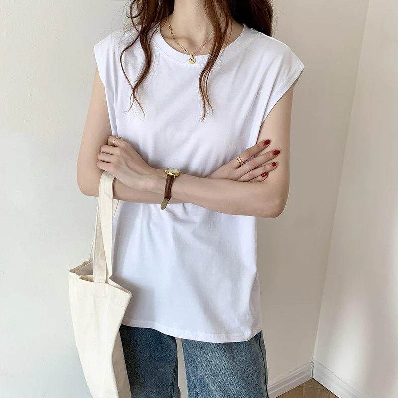 deanwangkt White Sleeveless T-shirt Women's Loose  Summer Fashion Camisole T-shirt Student Top Ins Polyester Pullover round Neck - Deanwangkt