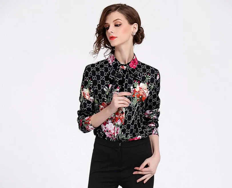 Designer Women Shirts Luxury GG Letter Chiffon Office Blouses Polo-Neck Lattice Ladies Loose Temperament Tops Blusas Fashion Dresses - Deanwangkt