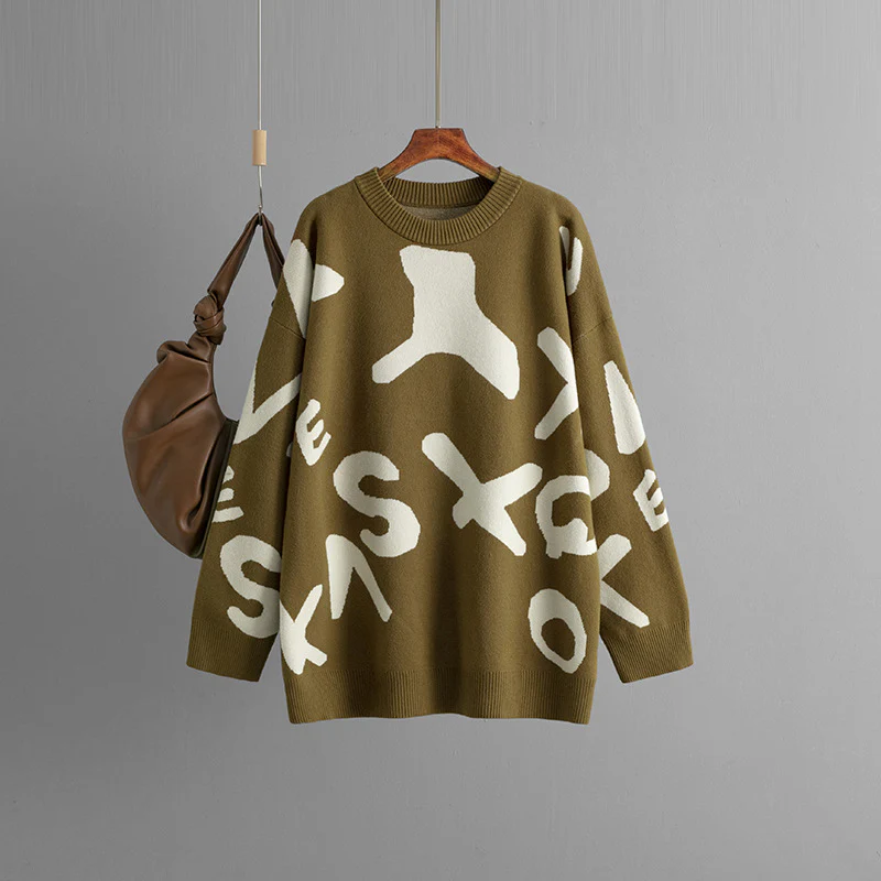 DEANWANGKT Cross-border Russia New autumn and winter new knitted sweater women's medium and long jacquard loose bottoming shirt top - Deanwangkt