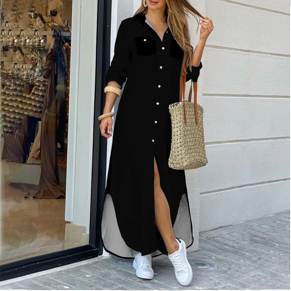 DEANWANGKT Cross-Border Women's Clothing  EBay New European and American Fall Winter Fashion Sexy Shirt Maxi Dress Women - Deanwangkt