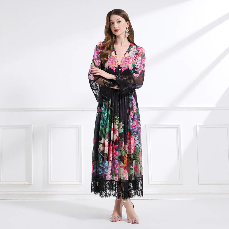 Popular trade women's clothing  holiday style V-neck lace printing set waist ruffle edge dress - three-piece set - Deanwangkt