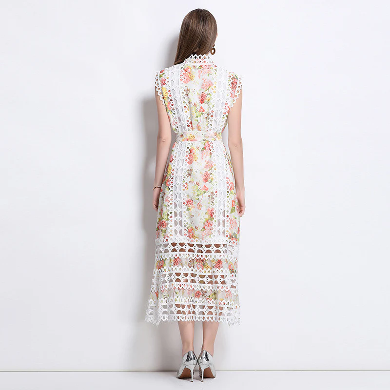 Light and mature style, niche high-end sense, hollow lace splicing printing dress, women's waist and thin temperament, sleeveless long dress - Deanwangkt