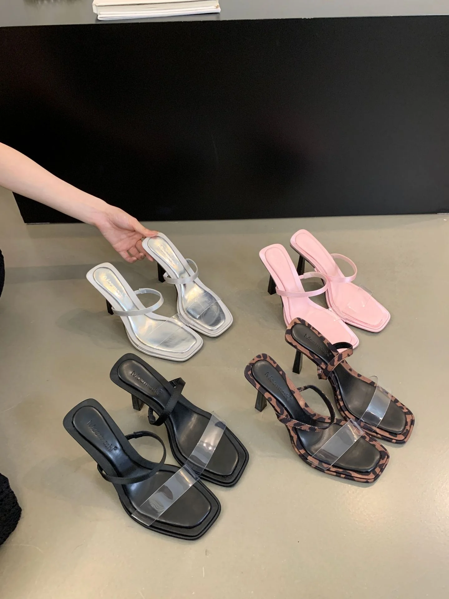 DEANWANGK  Sexy Leopard Print One-Word Transparent Sandals Women's Summer Outer Wear  New All-Matching Open Toe Stiletto Heels - Deanwangkt