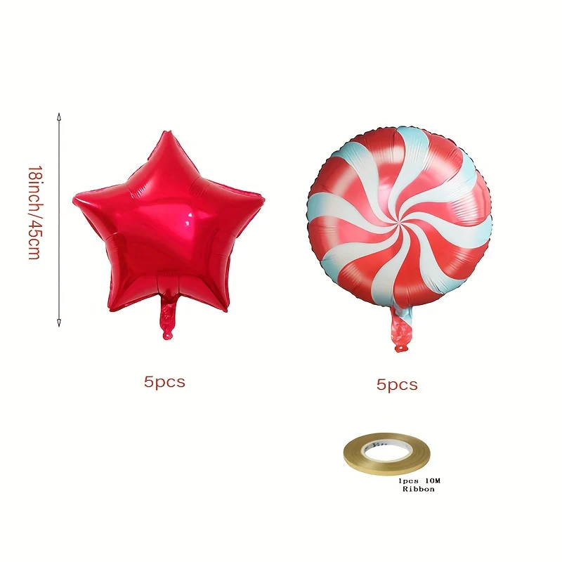 10-Piece Set of Red Candy Cane & Star Shaped Self-Sealing Aluminum Film Balloons for Christmas, Birthday, Wedding, New Year Celebrations - No Electricity Needed - Deanwangkt
