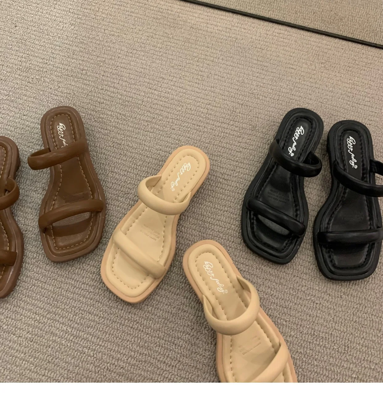 DEANWANGKT  2022 Summer New Korean Style Fashion Open Toe One-Word with Chunky Heel Bread Slippers Women's Outer Wear Temperament Low Heel Slippers - Deanwangkt