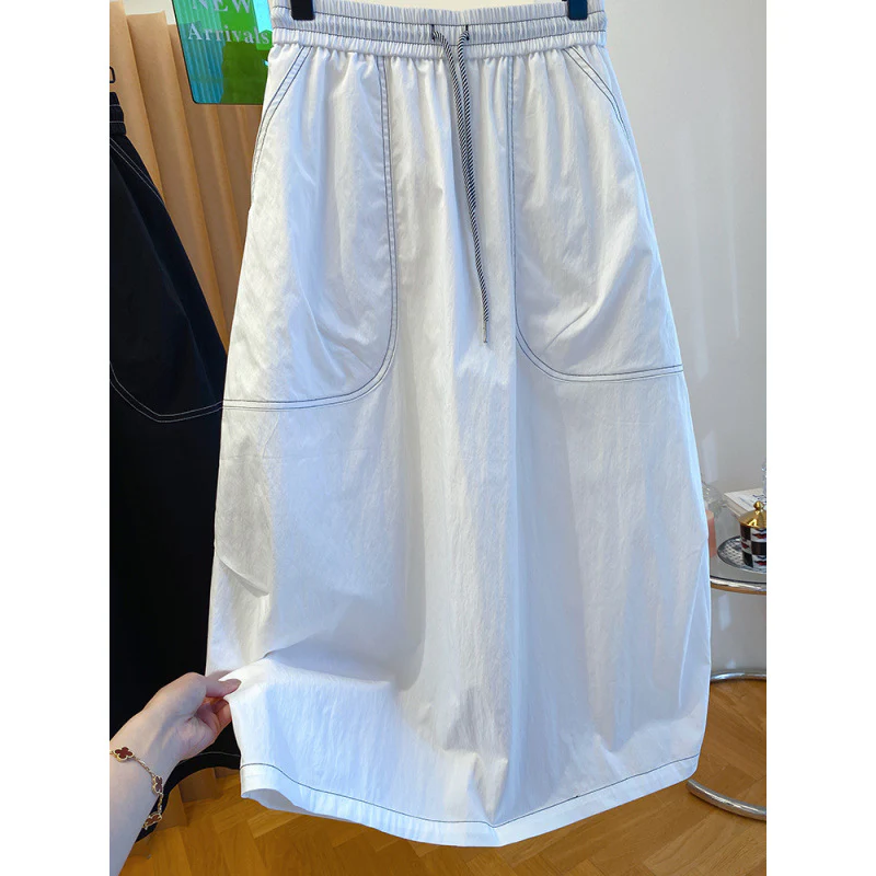 Black bright line tooling skirt women's summer  new loose high waist temperament over the knee medium and long skirt - Deanwangkt