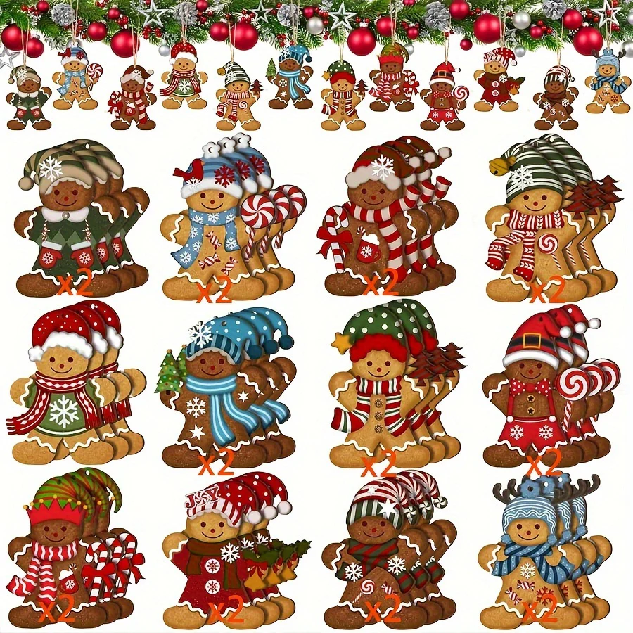 24 PIECE CHRISTMAS GINGERBREAD MAN DECORATION SET - Cute wooden holiday decorations for the tree, room, and kitchen - perfect for family gatherings and holiday cheer! - Deanwangkt