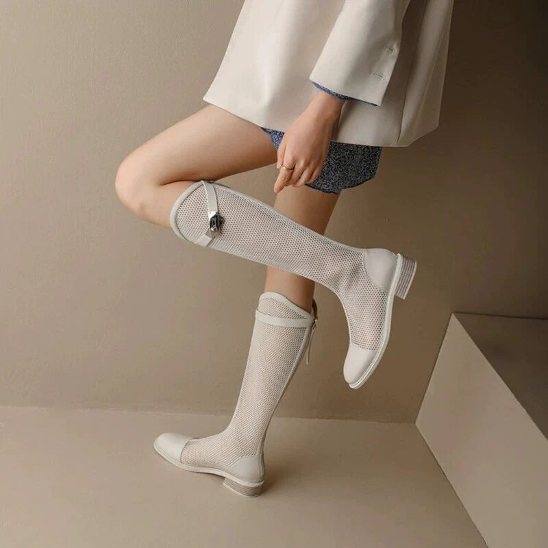 Mesh Hollow Boots Female  Summer New Chunky Heel Platform Thin Anti-Slip Breathable Mesh Surface Mid Boots - Deanwangkt