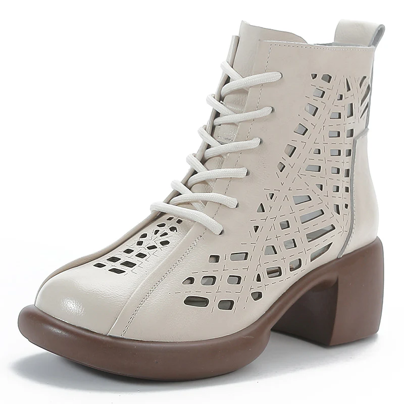 First Layer Cowhide Spring Summer Chunky Heel Martin Boots Women's Retro High Heel Hollow Boots Thick-Soled Leather Sandal Boots Hole Shoes - Deanwangkt