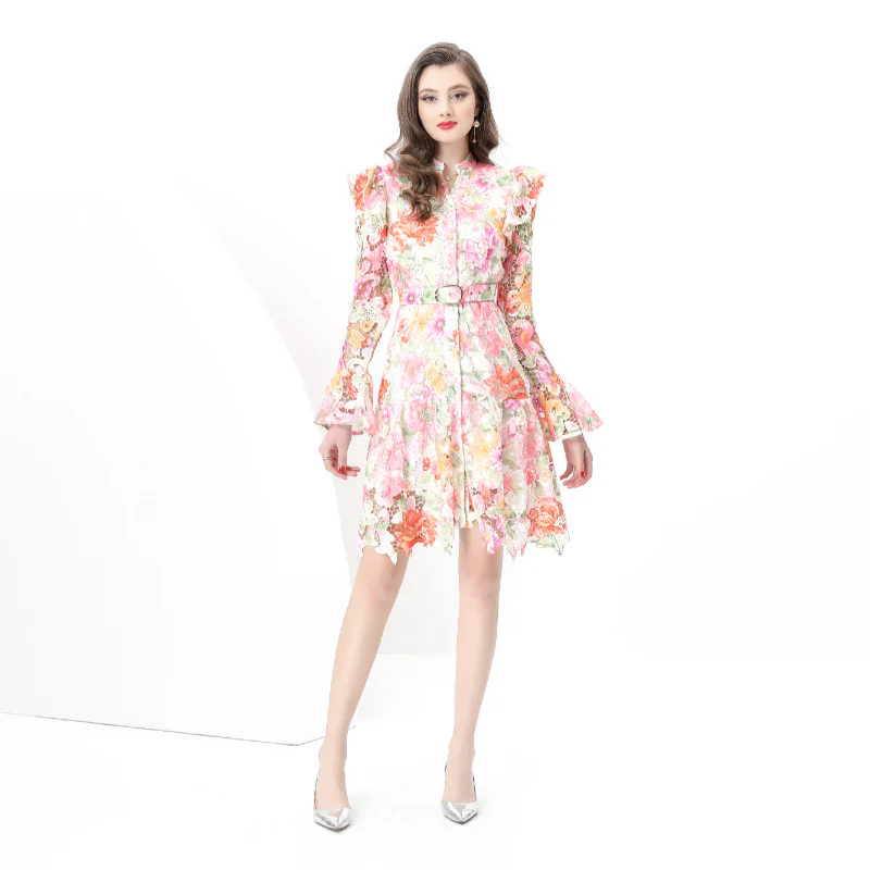 New Popular trade women's retro lace V-neck waist long-sleeved pleated lace print dress - Deanwangkt