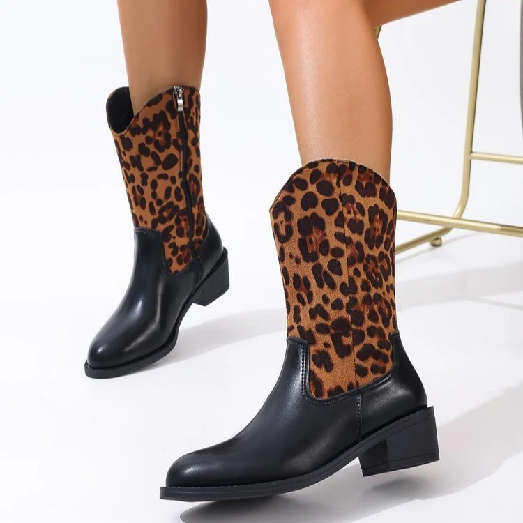 Plus Size Cross-Border High Heel Cowboy Boot Women's  New Leopard Print Stud for Autumn and Winter Leather Boots Mid Heel Pointed Toe Middle Boots Wholesale - Deanwangkt