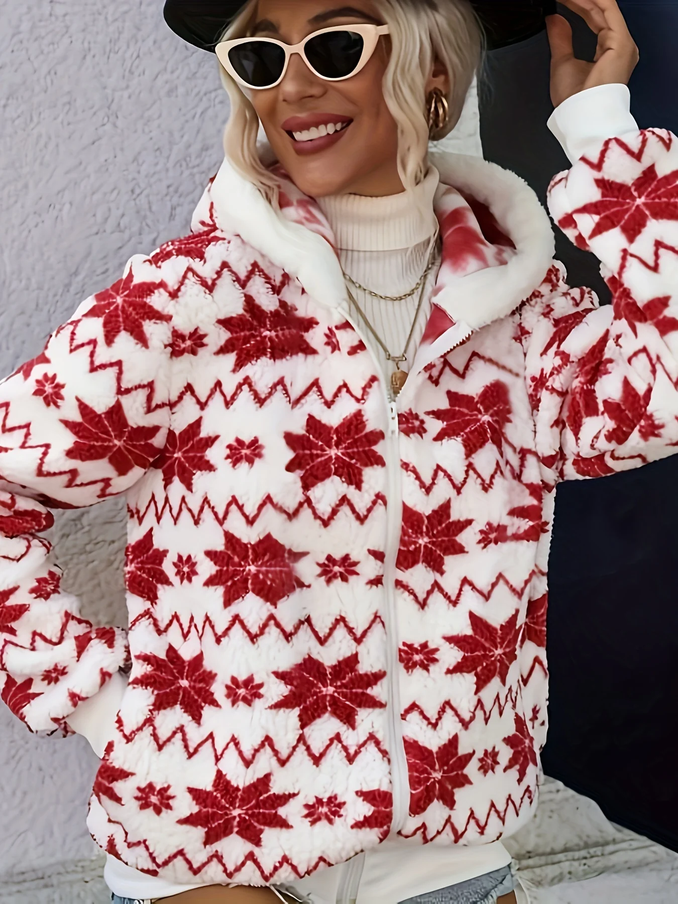 Women's Christmas Print Knit Hoodie, Cozy Polyester Fleece Pullover with Zipper, Holiday Vacation Style, All-Season Fashion Sweater Top - Deanwangkt