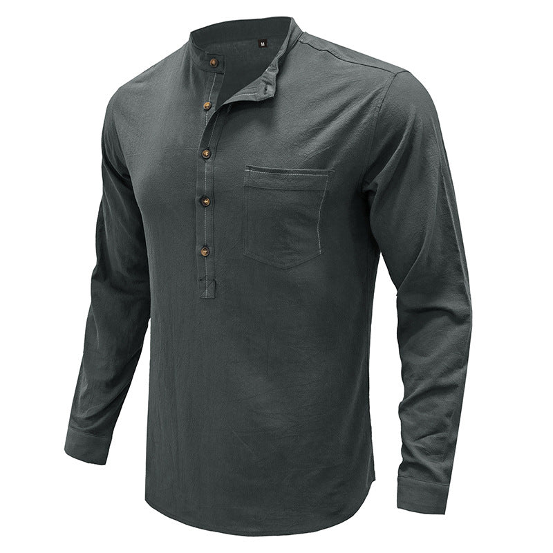 DEANWANGKT 2025 Cross-border men's shirts, autumn and winter  men's stand-up neck cotton and linen shirts, Popular trade long-sleeved Henry neck linen shirts - Deanwangkt