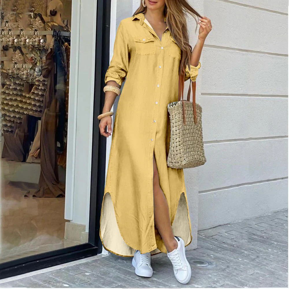 DEANWANGKT Cross-Border Women's Clothing  EBay New European and American Fall Winter Fashion Sexy Shirt Maxi Dress Women - Deanwangkt
