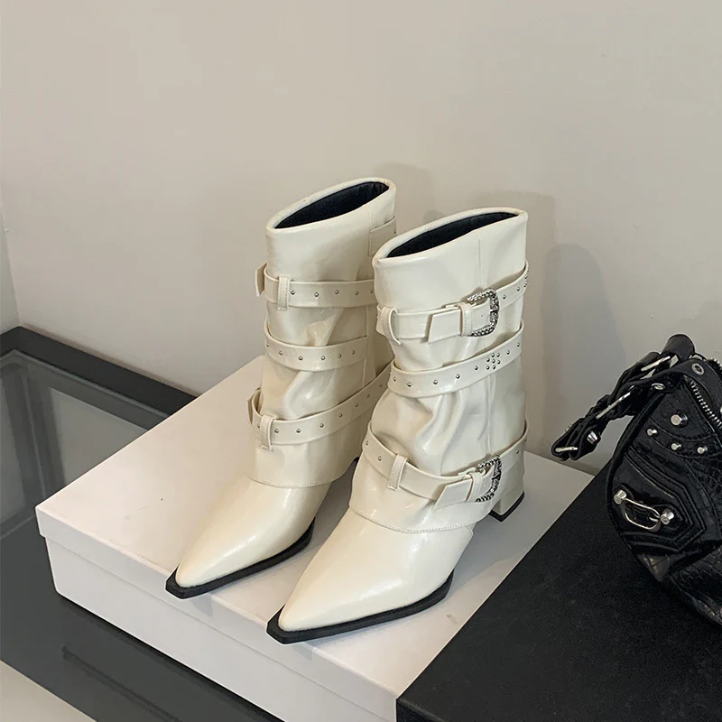 2025  Fashion Pants Boots popular Autumn and Winter New Square Head Slope Heel Temperament Sleeve Rivet Belt Buckle Fashion Boots Women - Deanwangkt