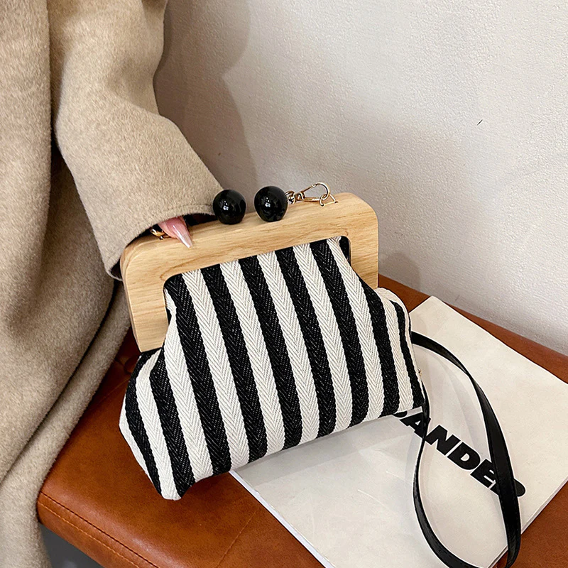 New Women's Bag Striped Canvas Wooden Clip Mouth Clutch Fashion Exquisite Internet Celebrity Same Style One-Shoulder Crossboby Bag - Deanwangkt