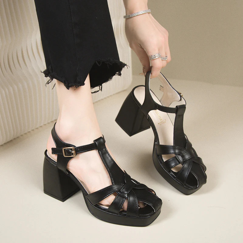 DEANWANGK  Closed Toe Hollow-out Roman Style High Heels Women's  Spring New Fashion Square Toe Hollow Chunky Heel Ankle-Strap Buckle Sandals - Deanwangkt