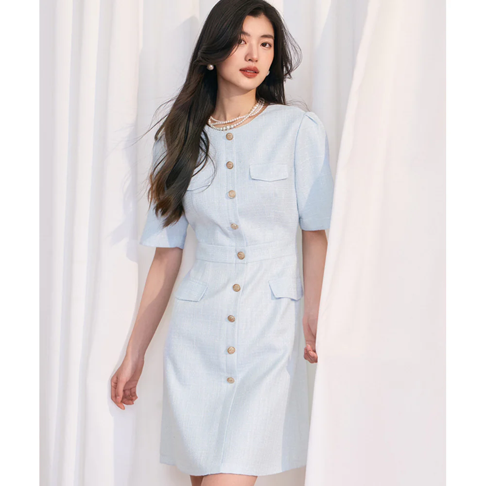 [Shengdu] 24 Spring and Summer New  Socialite Gentle Advanced Sweet Beauty Blue Classic Style Short Sleeve Dress - Deanwangkt