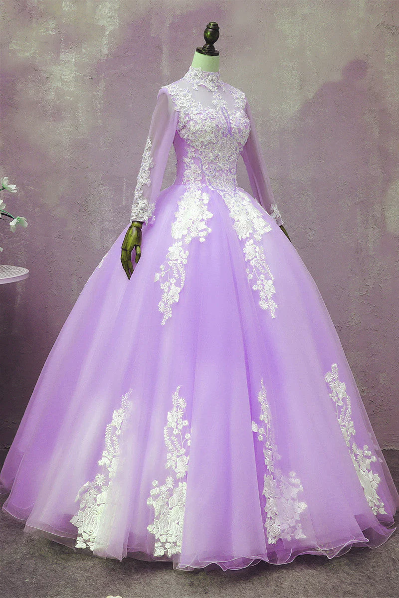 Solvbao Light Purple Tulle Long Sleeves Applique Sweet 16 Gown, Beautiful Evening Dress Formal Dress - Deanwangkt