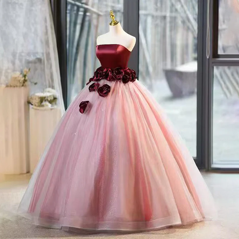 2025toasts Bride shoulder engagement flower ball evening dress  new long colored yarn - Deanwangkt