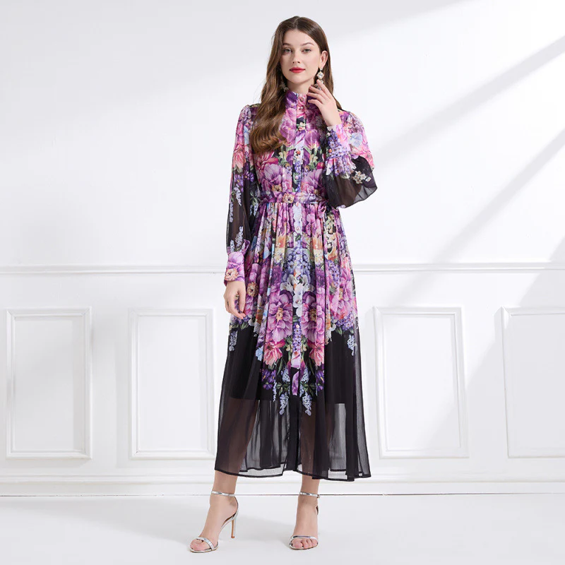 Popular trade women's clothing stand-up collar watercolor flower printing lantern sleeves waist large skirt ruffle edge skirt - two-piece set - Deanwangkt