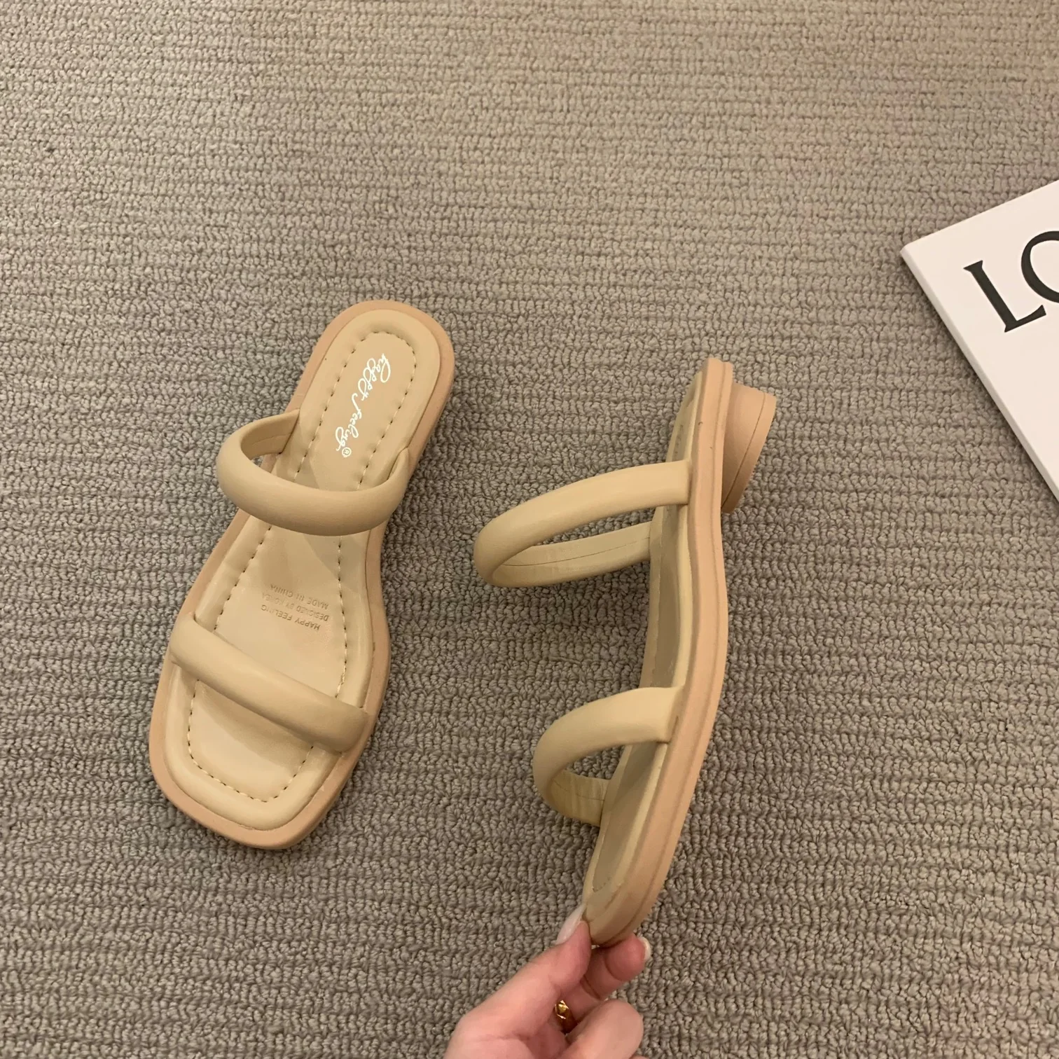 DEANWANGKT  2022 Summer New Korean Style Fashion Open Toe One-Word with Chunky Heel Bread Slippers Women's Outer Wear Temperament Low Heel Slippers - Deanwangkt