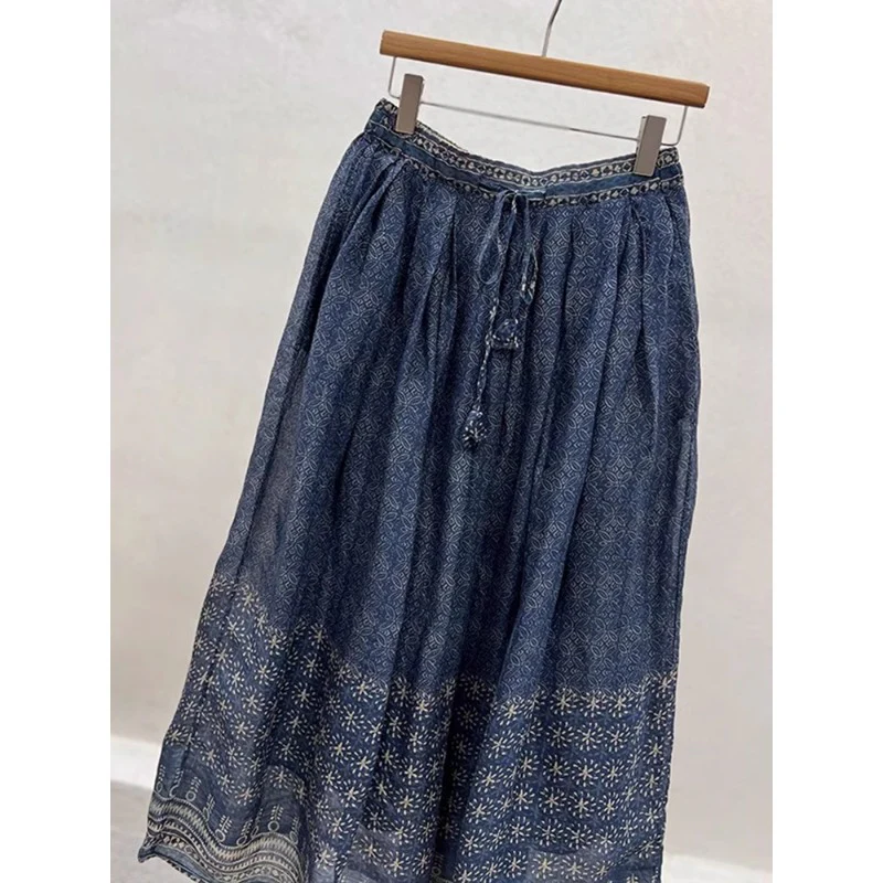 Double-layer spring and summer literary and ethnic style, retro and old blue splicing printing cotton and linen skirt - Deanwangkt